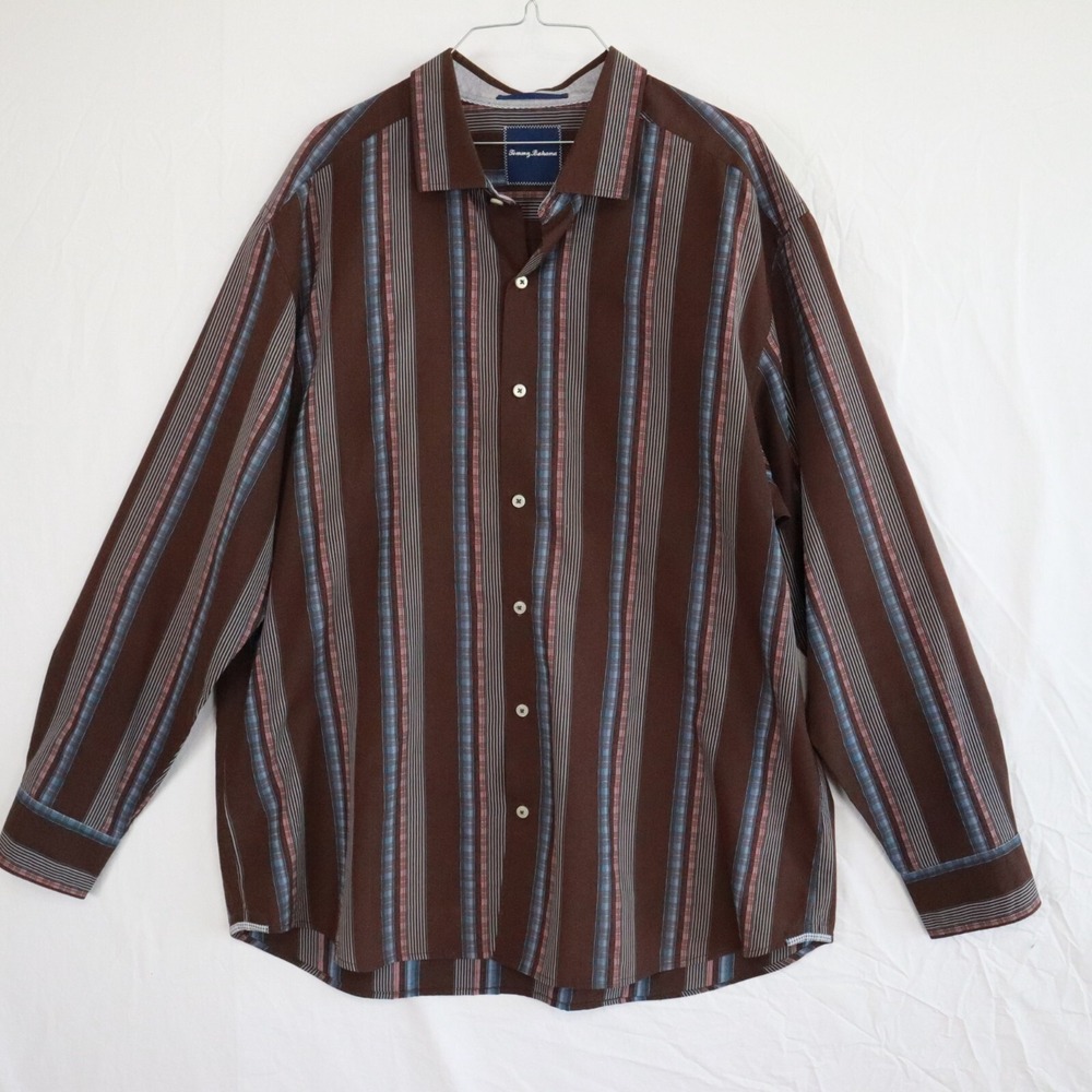 Tommy Bahama Shirt Mens XL Cotton/Silk Casual Button Up Striped‎ Long Sleeve